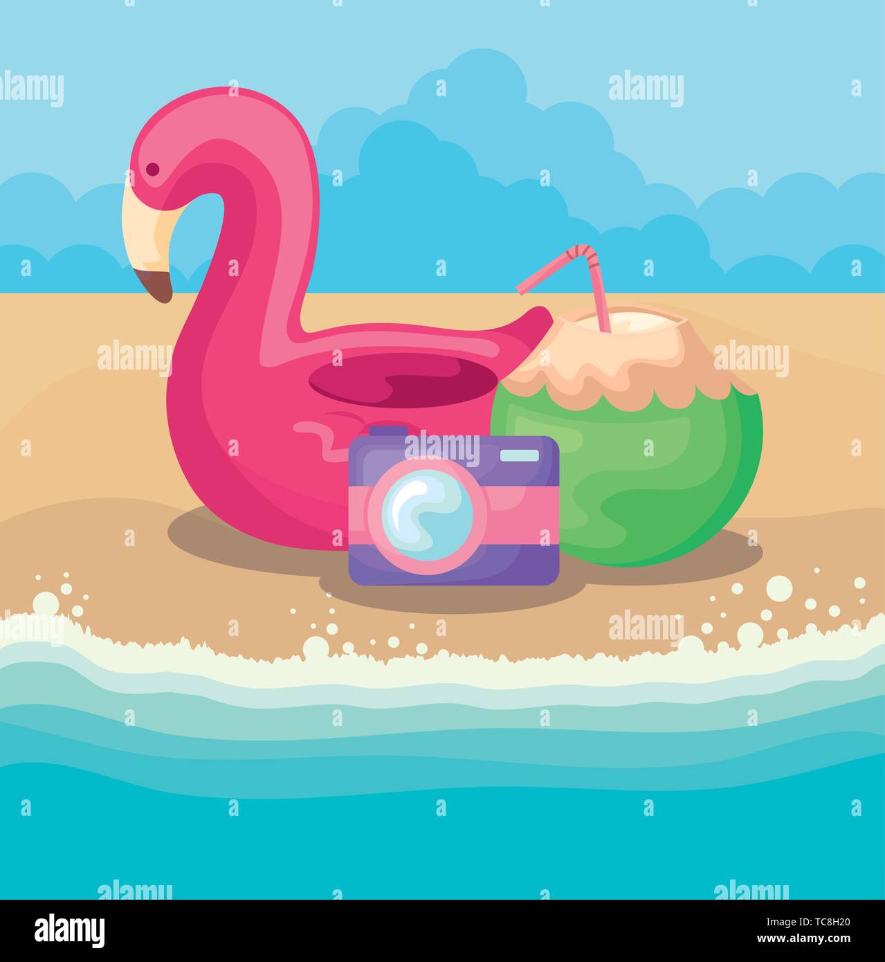 summer beach scene with flemish float and coconut vector illustration ...