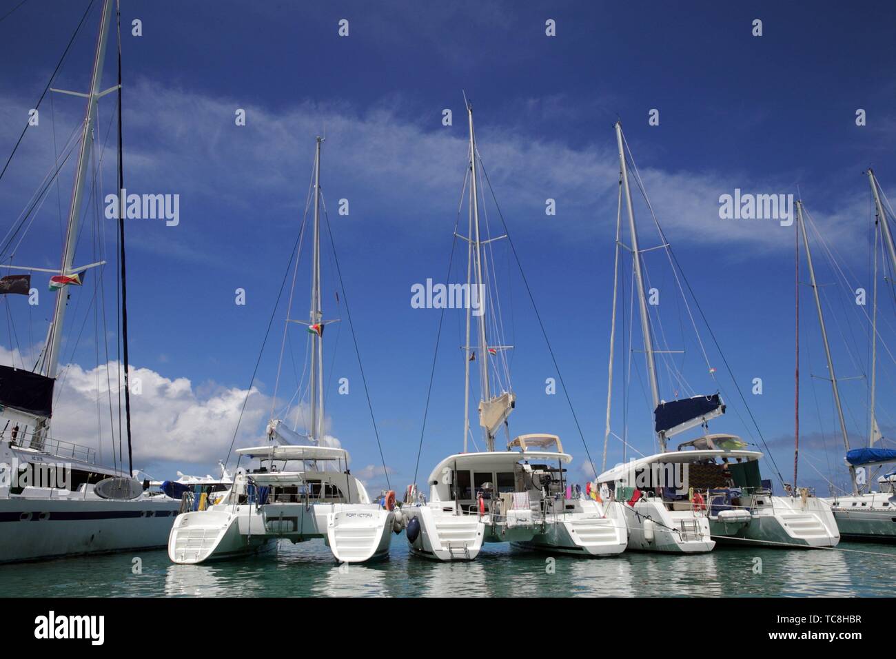 Yachts in the harbour of La Digue, Seychelles, Indian Ocean, Africa. Stock Photo