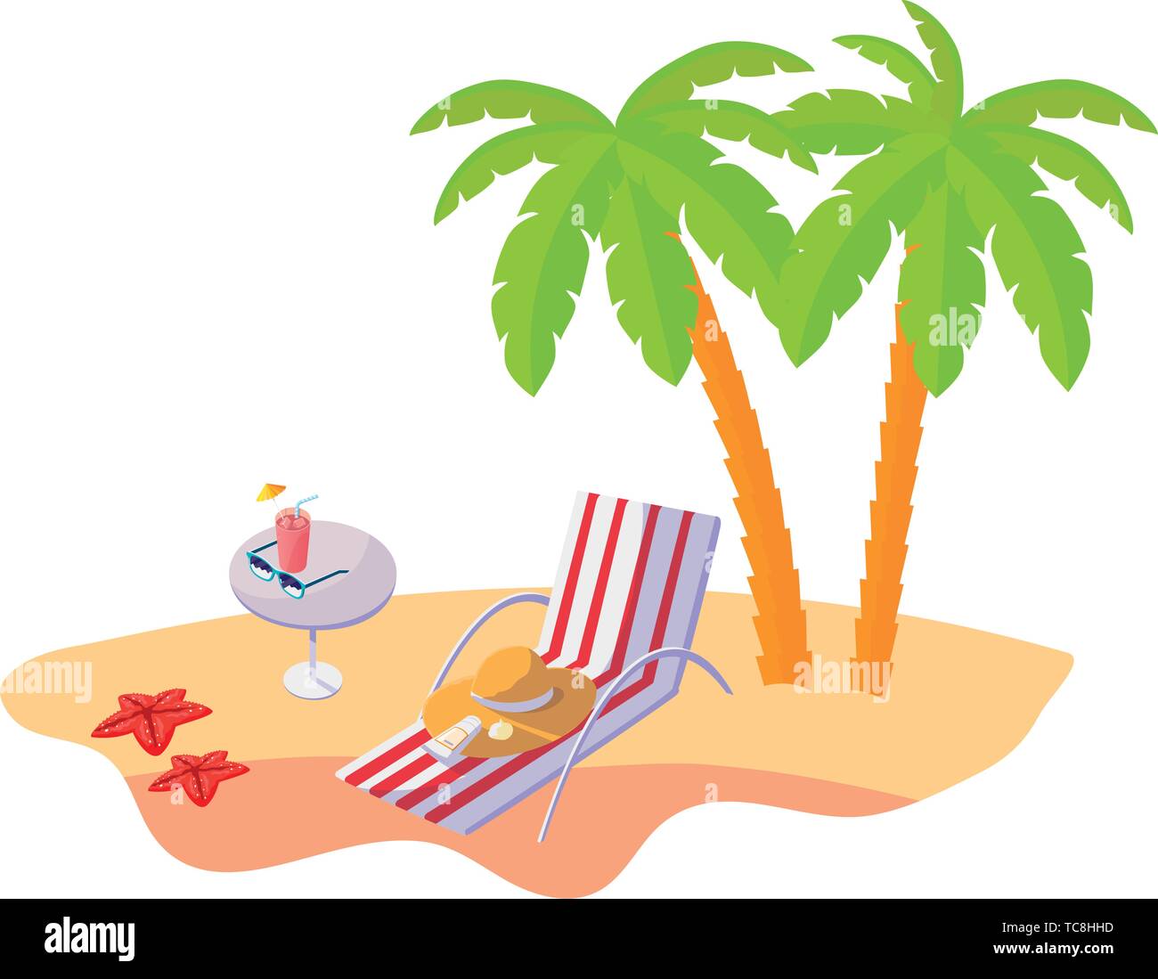 summer beach scene with tree palms and chair vector illustration design Stock Vector
