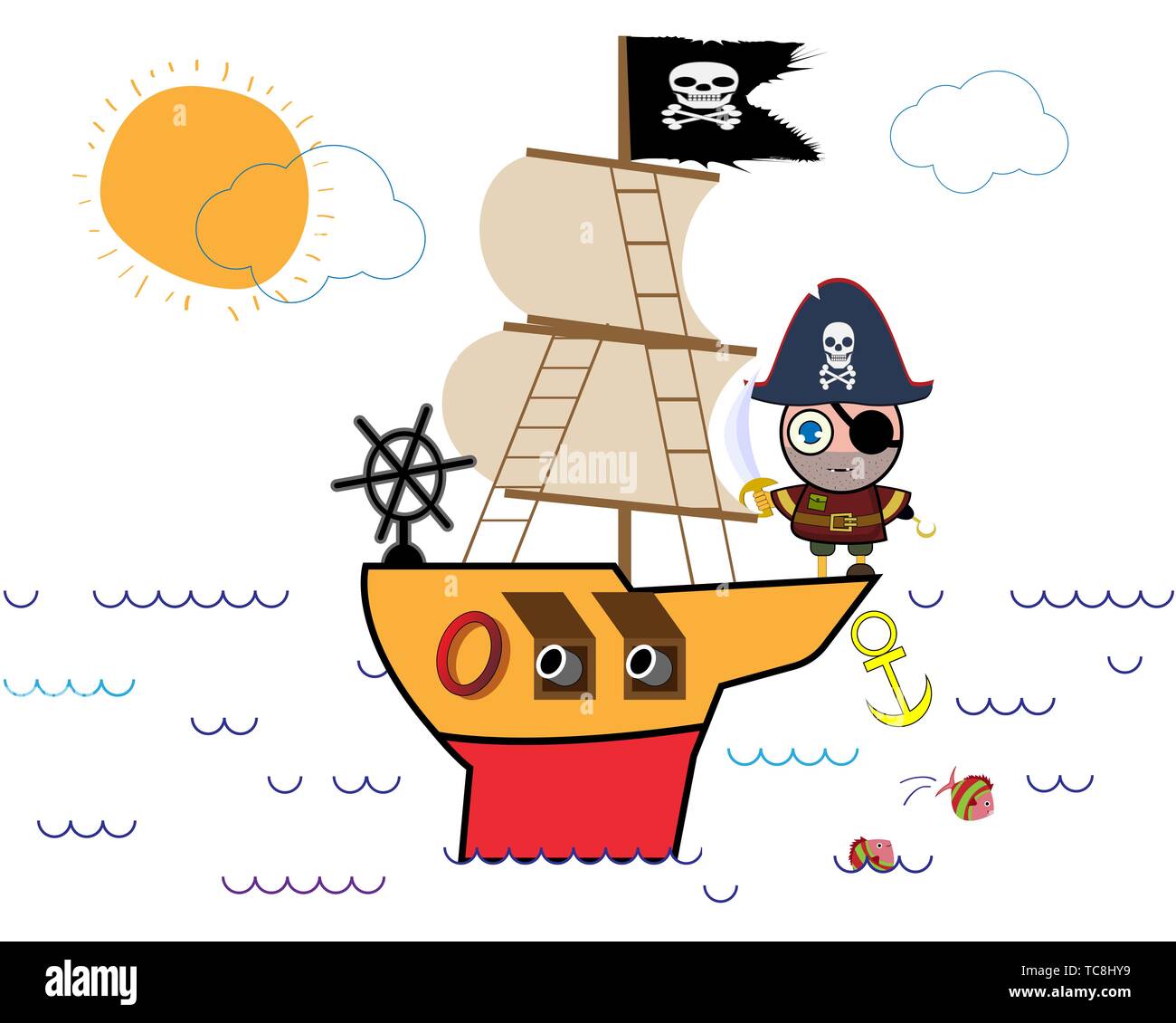 Pirate is floating on the ship. Vector illustration Stock Vector