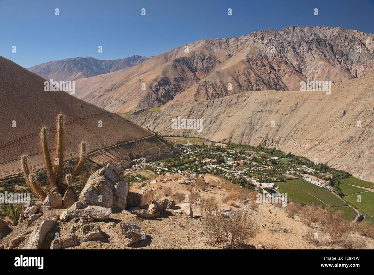 View of scenic Pisco Elqui town in the Elqui Valley, Chile. Stock Photo