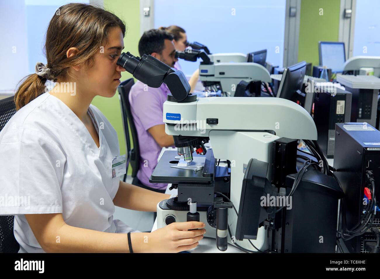 Analysis with a microscope to detect the presence of the virus (HPV test), or detect minimal more important cellular alterations suggestive of Stock Photo