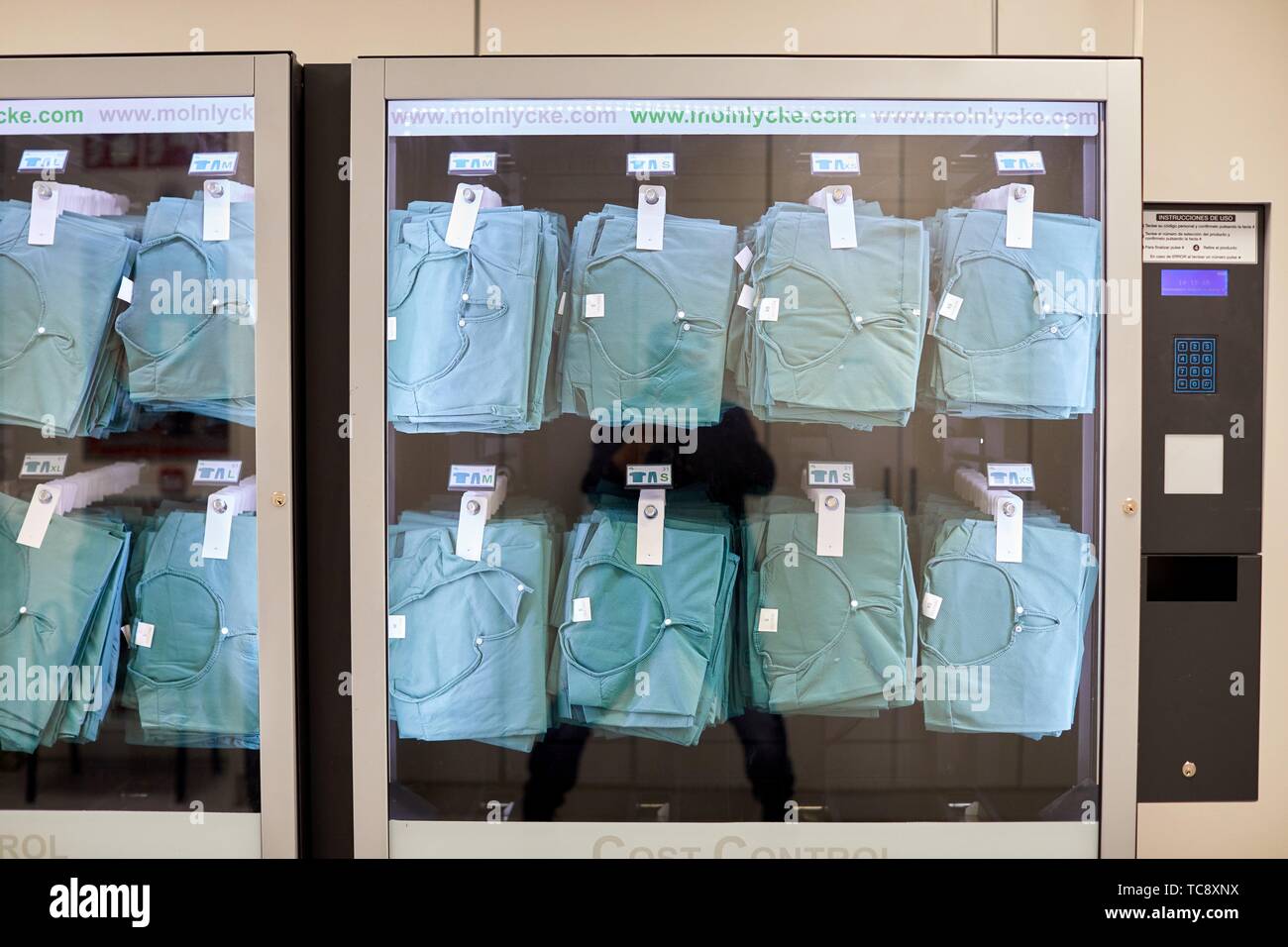 Dispensing machine for surgical clothes, Disposable surgical pajamas, vending machine, Hospital Donostia, San Sebastian, Gipuzkoa, Basque Country, Stock Photo