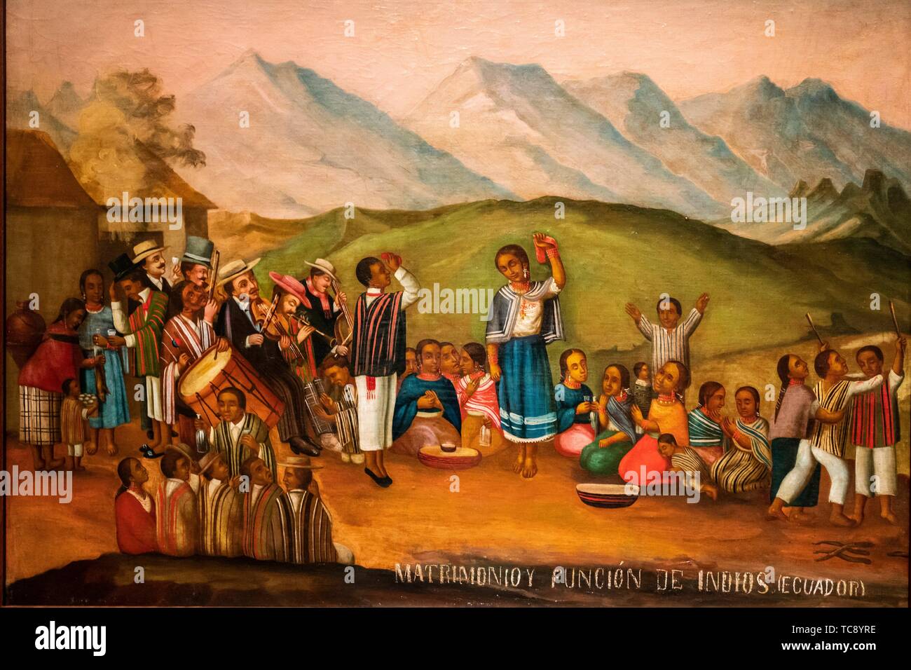 Indian wedding and performance, Ecuador (1870-1900).Ecuadorian painting, Art Museum of Lima, Lima, Peru. Stock Photo