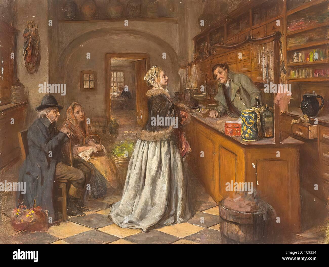 Anna Marie Wirth. 'Blick in eine Apotheke mit wartenden Kunden und Apotheker' (View in a pharmacy with waiting customers and pharmacist) Stock Photo