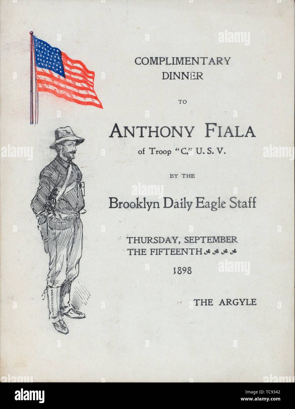 COMPLIMENTARY DINNER TO ANTHONY FIALA OF TROOP ''C,'' U.S.V. [held by] BROOKLYN DAILY EAGLE STAFF [at] ''ARGYLE, THE, BROOKLYN, NY'' ([REST?];). Stock Photo