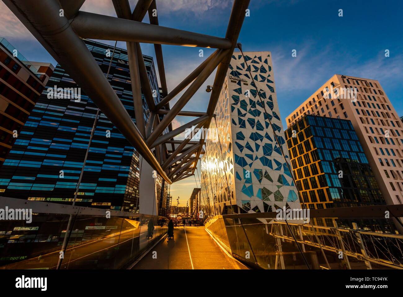 The Acrobat (Akrobaten) pedestrian bridge (designed by L2 Architects), and The Barcode Project is a section of the Bjørvika portion of the Fjord City Stock Photo
