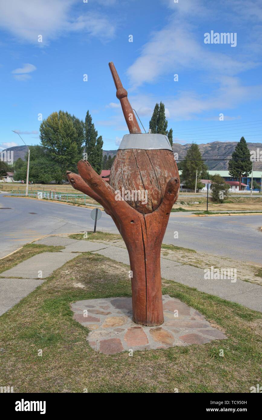 Wood carving honoring yerba mate in Cochrane, Patagonia, Aysen, Chile. Stock Photo