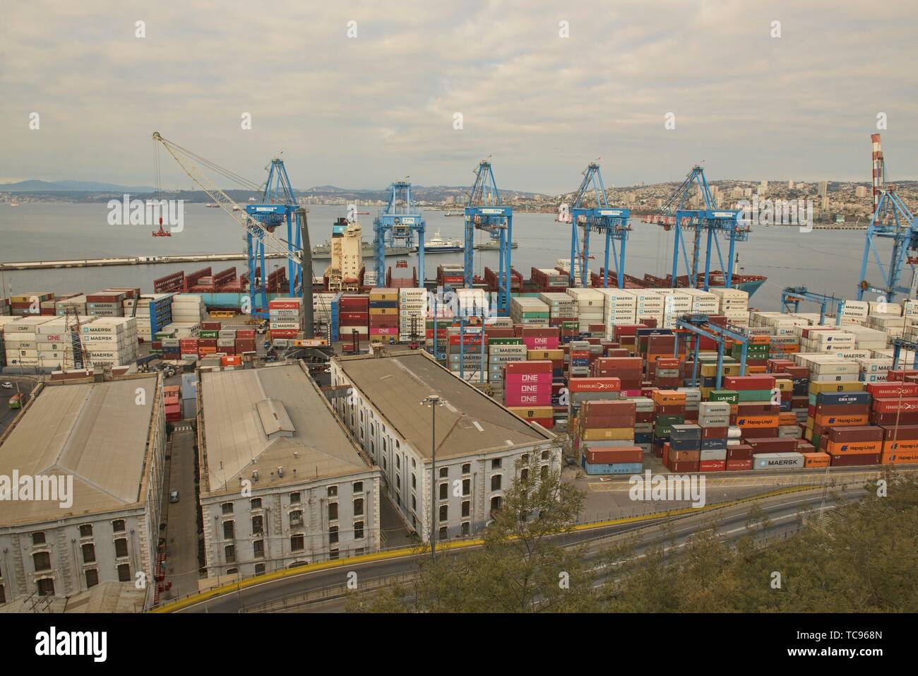 Colorful shipping containers in the port of Valparaiso, Chile Stock