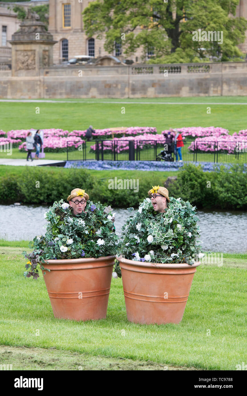Flowerpot men at RHS Chatsworth flower show 2019. Chatsworth, Bakewell, Derbyshire, UK Stock Photo