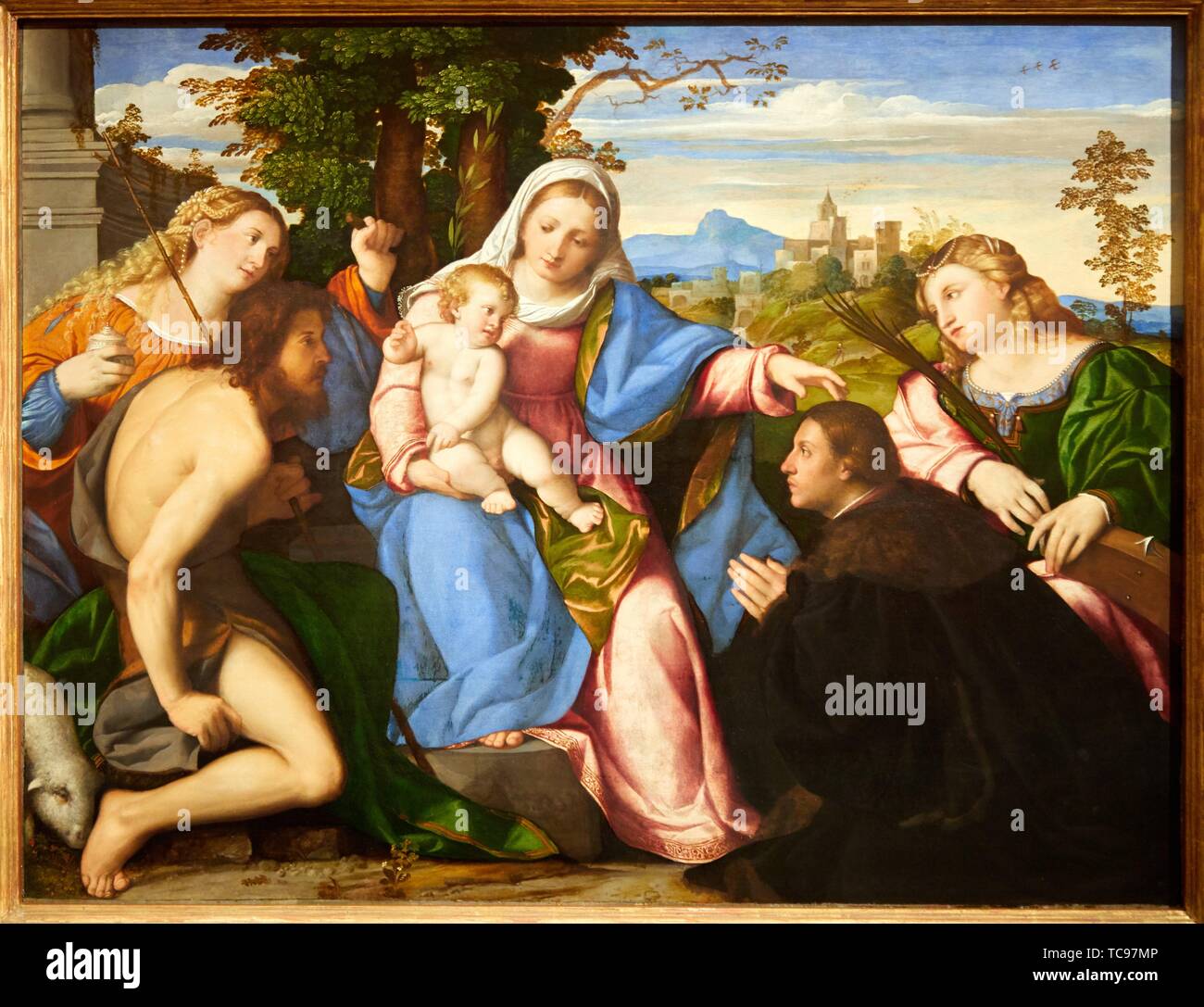 '''The Virgin and Child with Saints and a Donor'', 1518-1520, Palma Vecchio (Jacopo Negretti), Thyssen Bornemisza Museum, Madrid, Spain, Europe Stock Photo