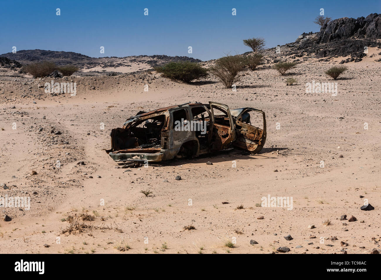 The frame of the burnt car roadside the Almardamah Road, Saudi Arabia Stock Photo