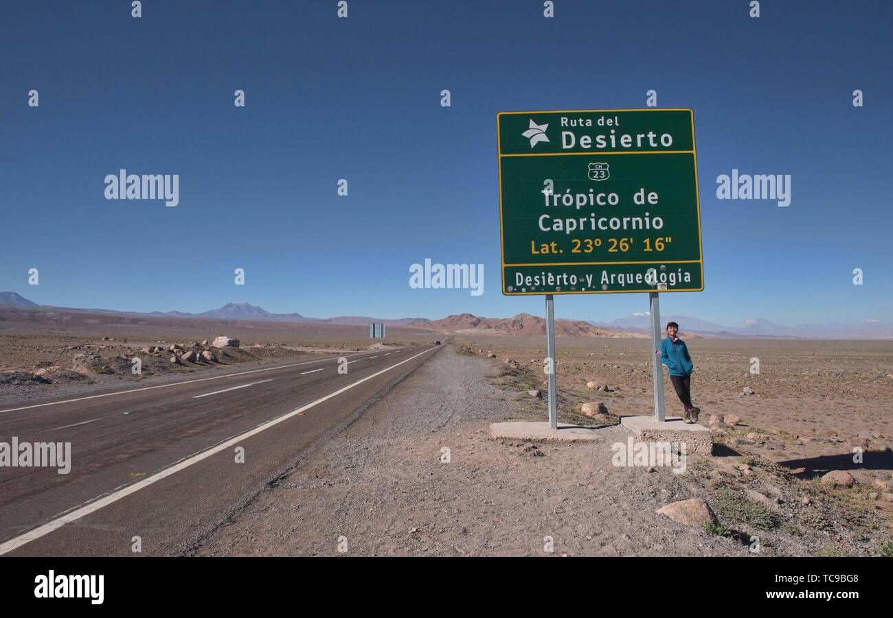Standing at the Tropic of Capricorn on the high altiplano, Atacama Desert, Chile. Stock Photo