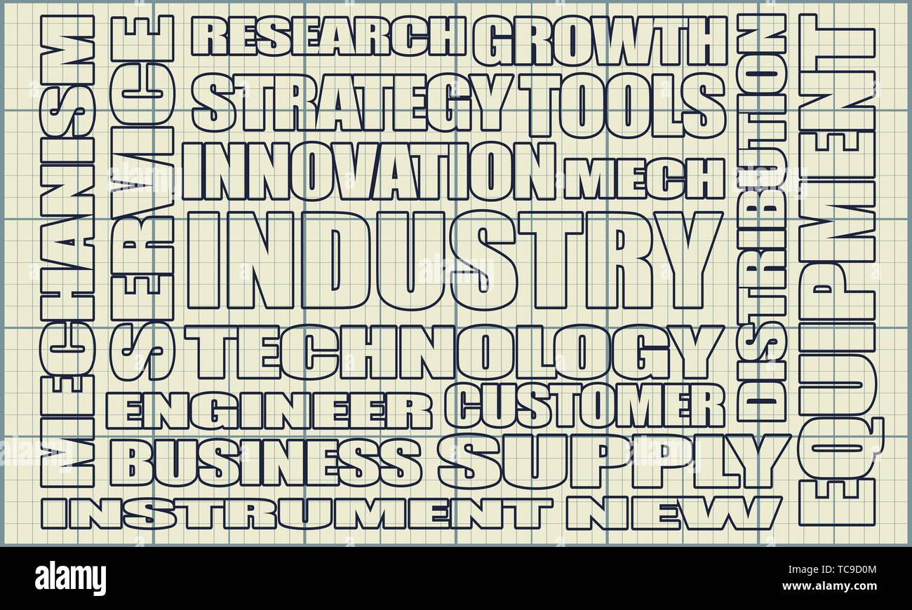 Industry word build in relative tags cloud concept. Retro tileable measure technical draft. Stock Photo