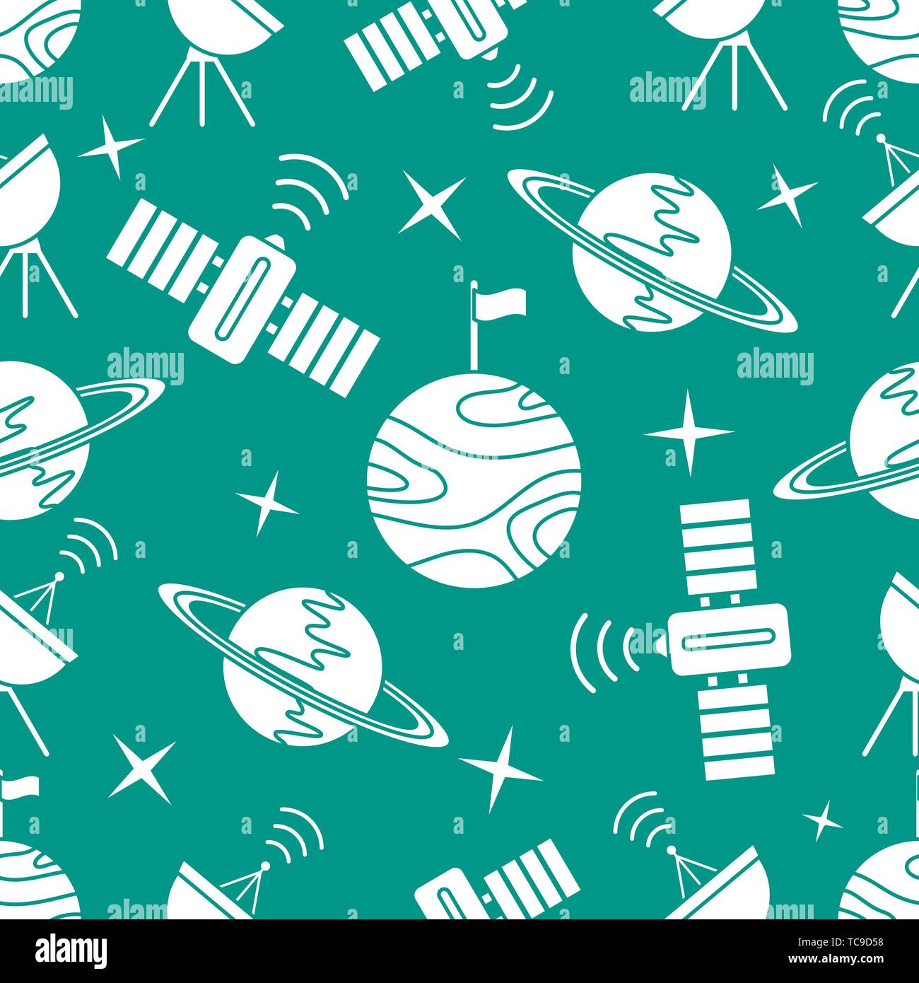 Space Weather Vector Seamless vector pattern with planets, Saturn, stars, orbital station ...