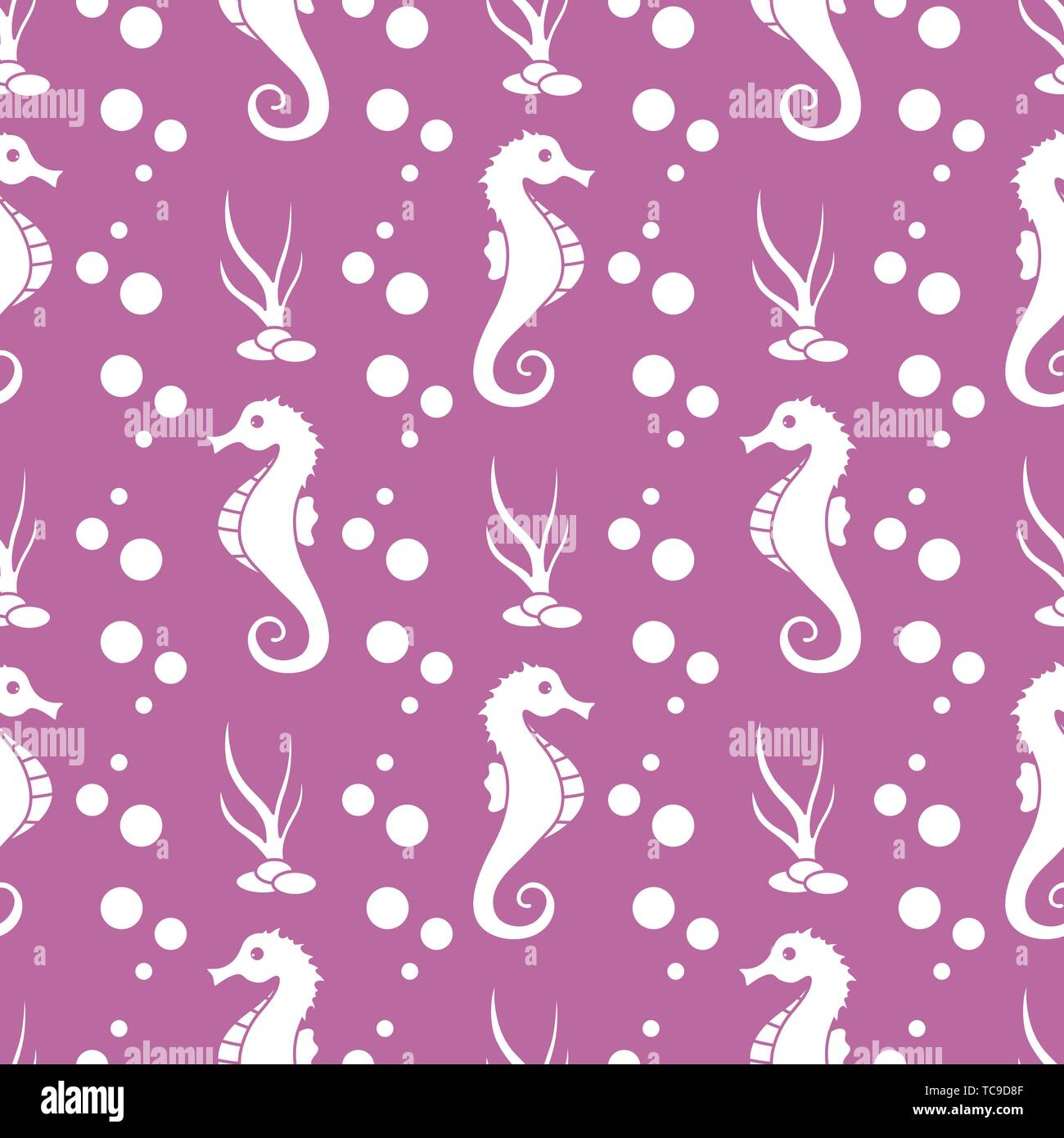 Vector seamless pattern with sea horses, underwater plants and bubbles ...