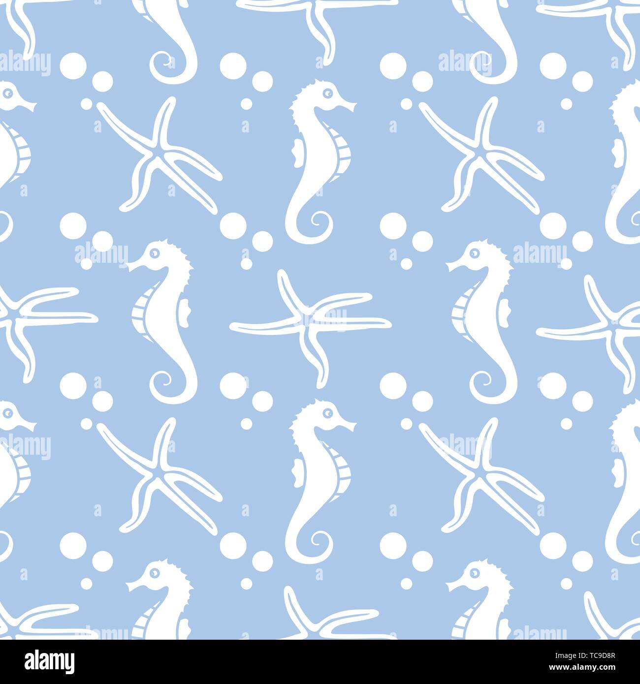 Vector seamless pattern with sea horses, starfish and bubbles. Marine ...
