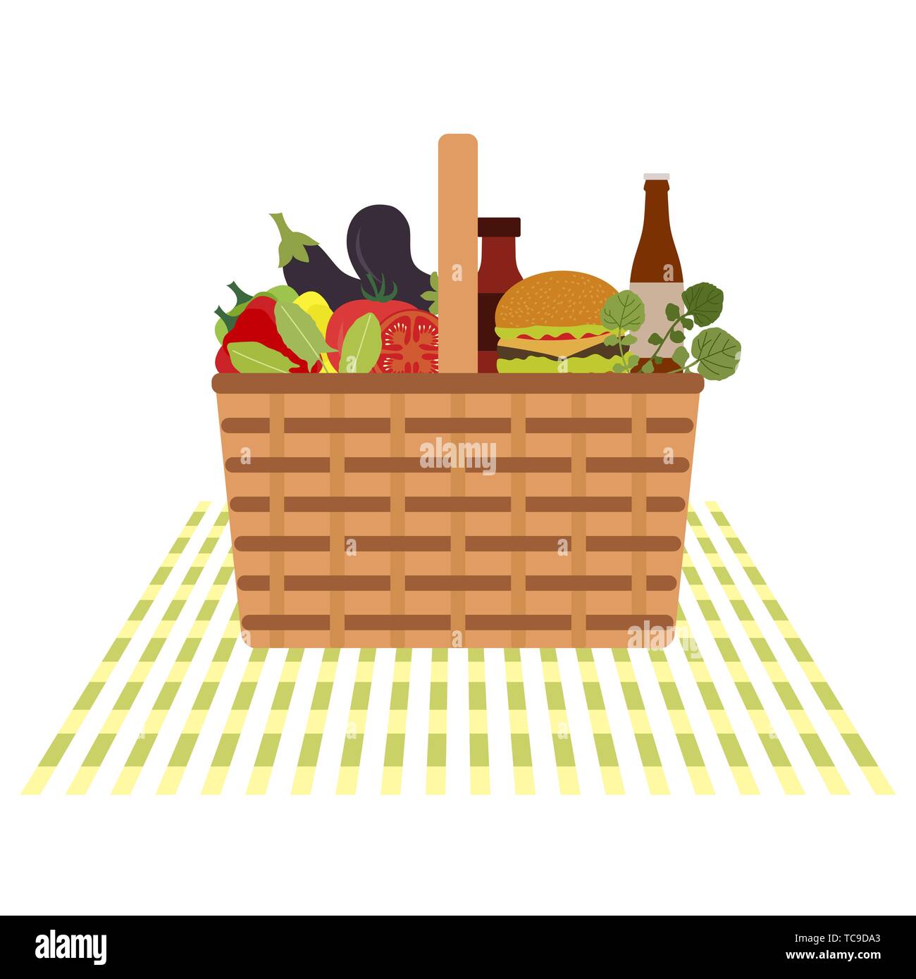 Vector illustration with wicker picnic basket with food and drink ...