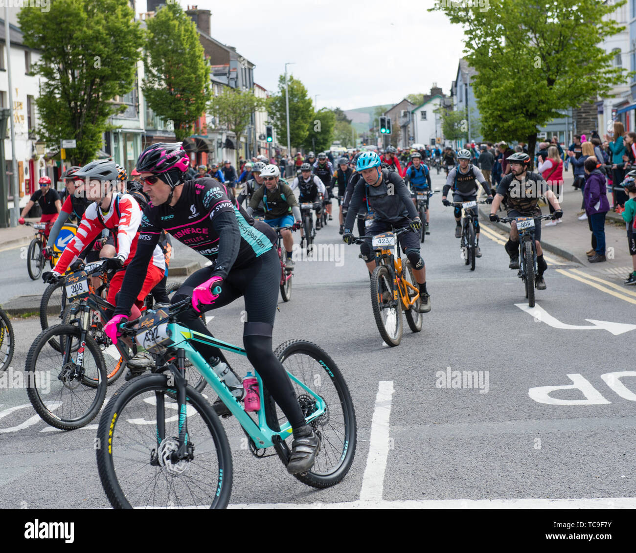 Cyclists at the start of the 'Dyfi Enduro' long distance cycle race. May 04 2019. Machynlleth  powys wales uk Stock Photo