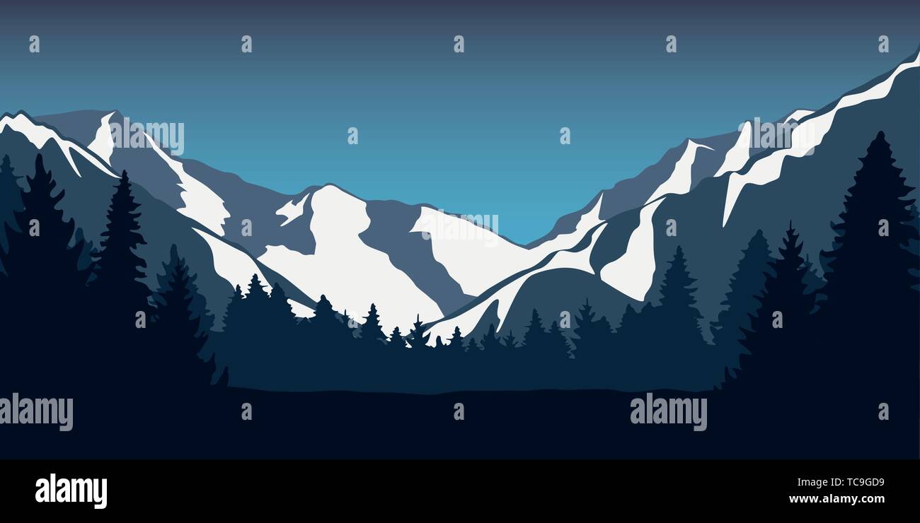 snowy mountains and forest blue winter landscape vector illustration ...