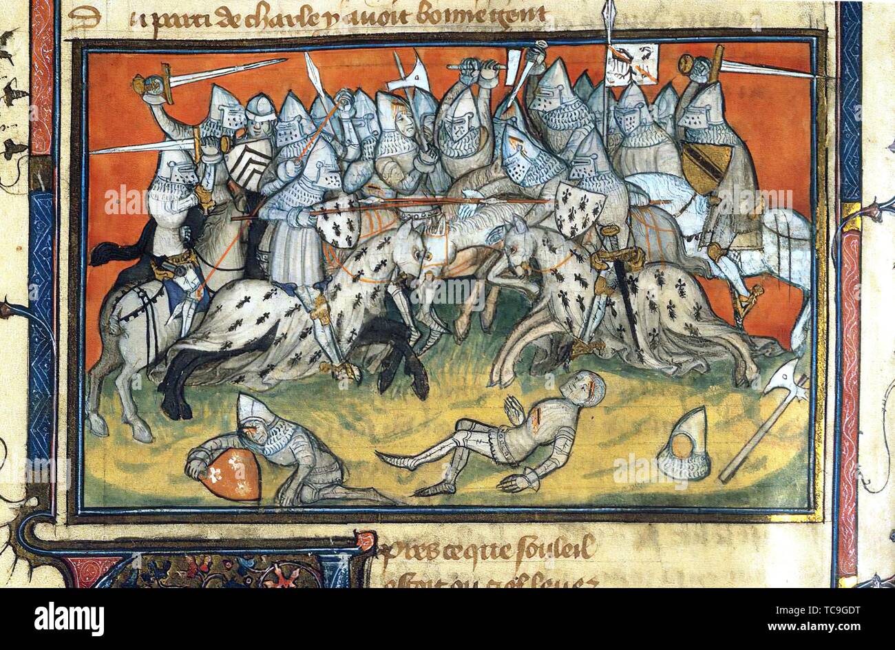 Battle of Auray, from the Chronique de Bertrand Du Guesclin, miniature by Jean Cuvelier Stock Photo