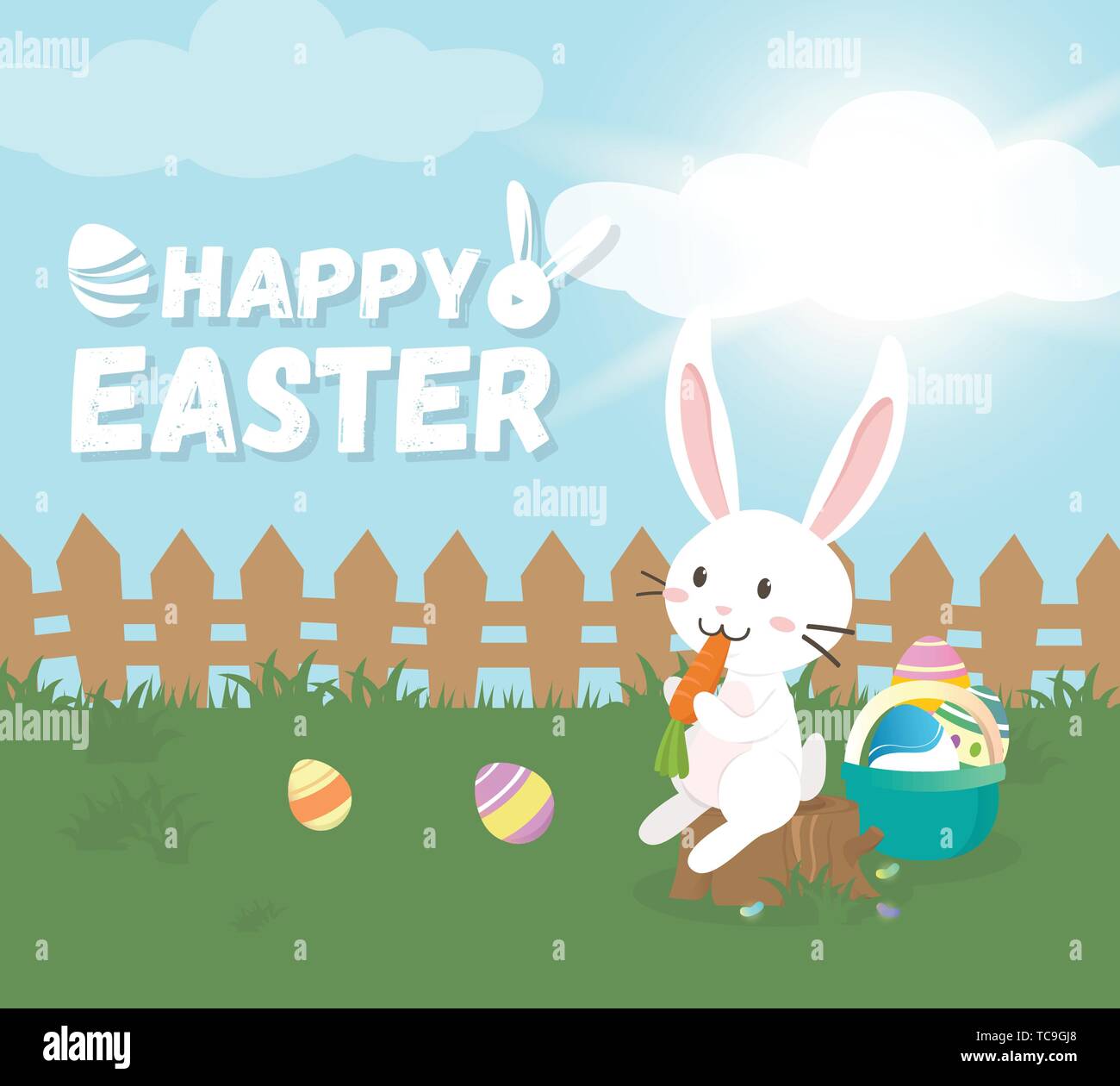Happy Easter greeting card,Cute Bunny with Colorful Easter eggs in spring field. Vector illustration Stock Vector