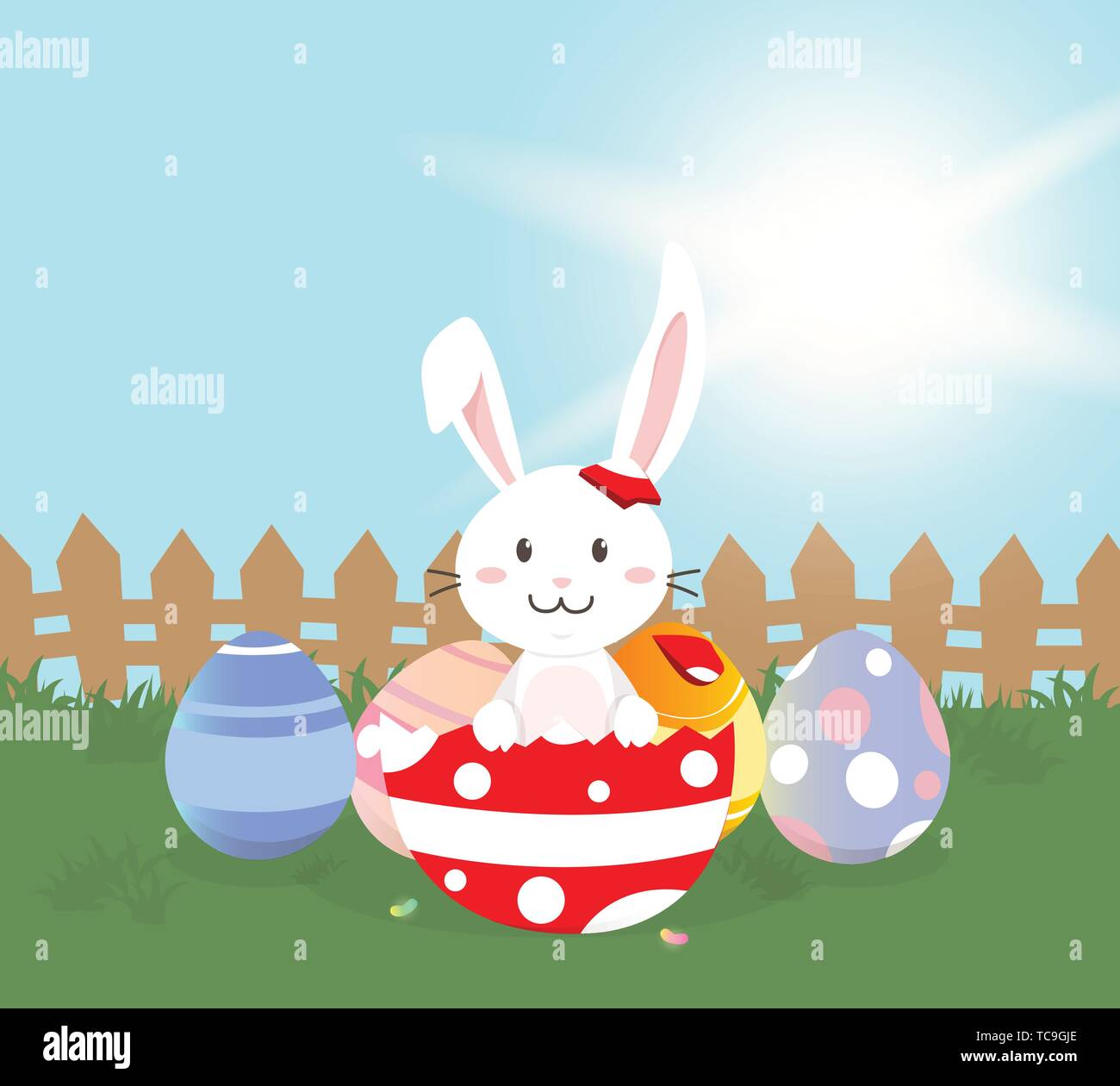 Happy Easter greeting card,Cute Bunny with Colorful Easter eggs in spring field. Vector illustration Stock Vector