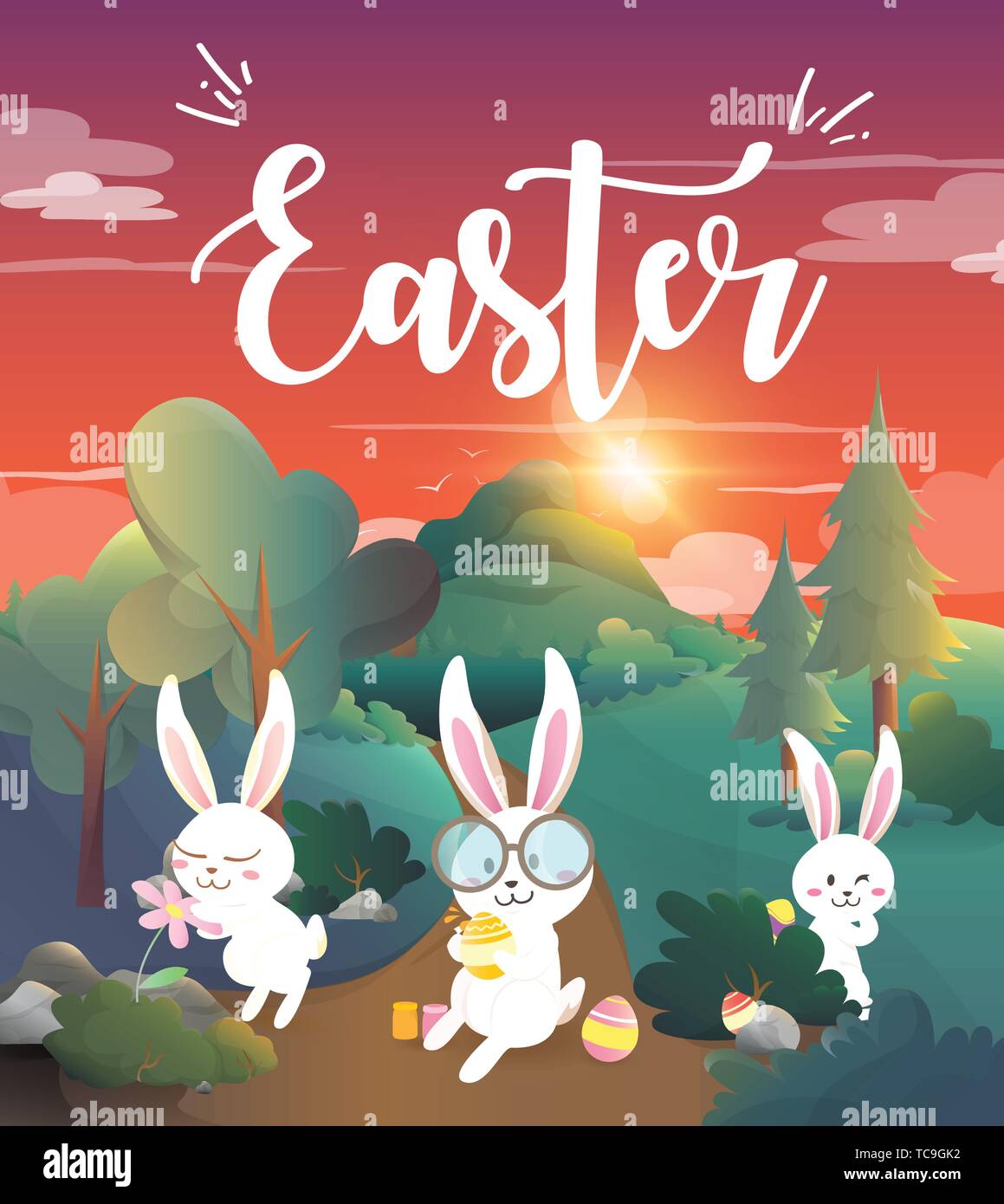 Rabbit painted easter eggs in the forest Stock Vector