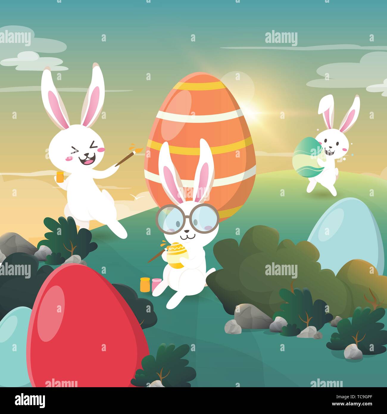 Rabbit painted easter eggs in the forest Stock Vector