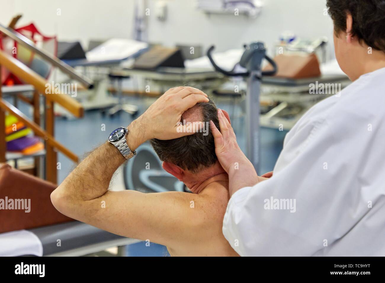 physiotherapist with patient, Rehabilitation, Amara Berri Health Center building, Donostia, San Sebastian, Gipuzkoa, Basque Country, Spain Stock Photo