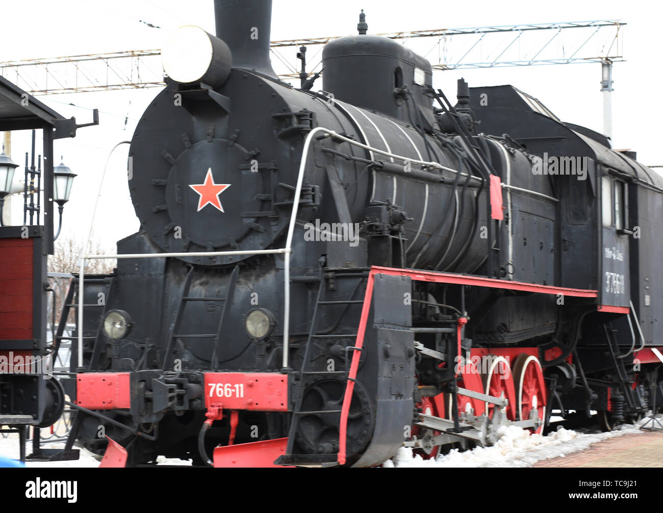 Moscow, RF, 17.03.2019: Museum of steam locomotives in Moscow. Retro steam train. History of steam locomotives in Moscow. Stock Photo