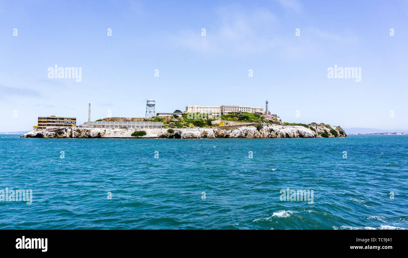 Alcatraz Island, home to the abandoned prison, the site of the oldest operating lighthouse on the West Coast of the United States and early military f Stock Photo