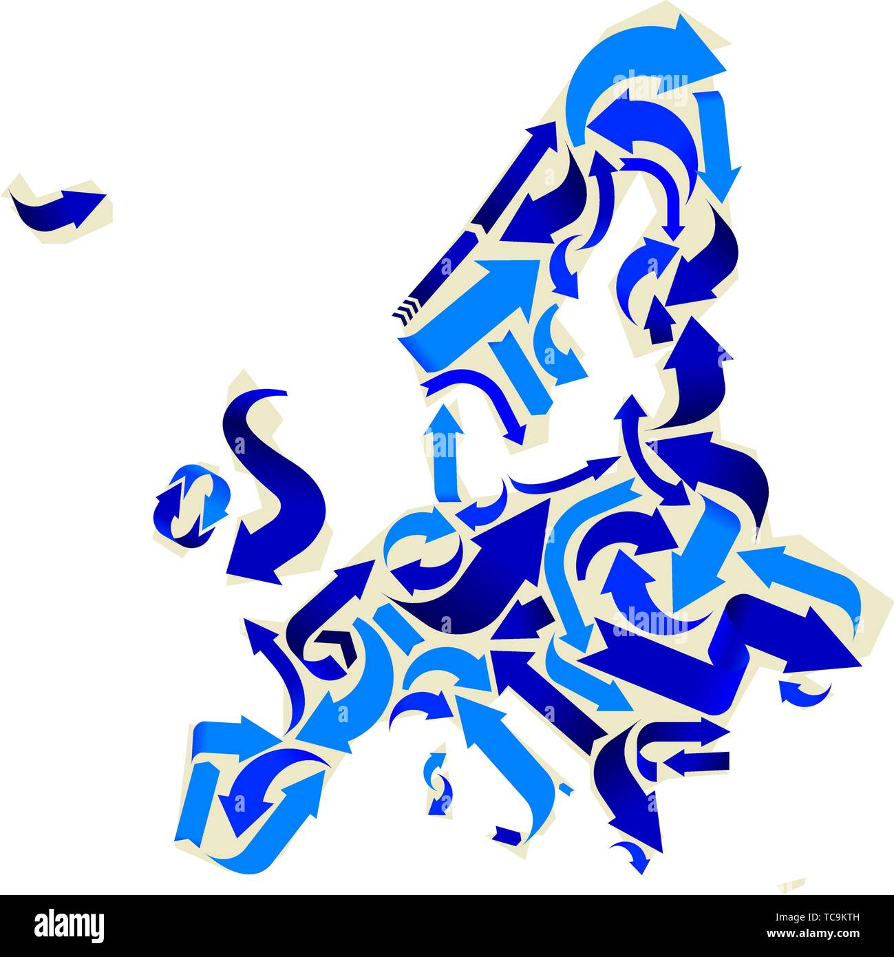 Vector illustration. Europe arrows map in blue. Concept of communications. Stock Vector