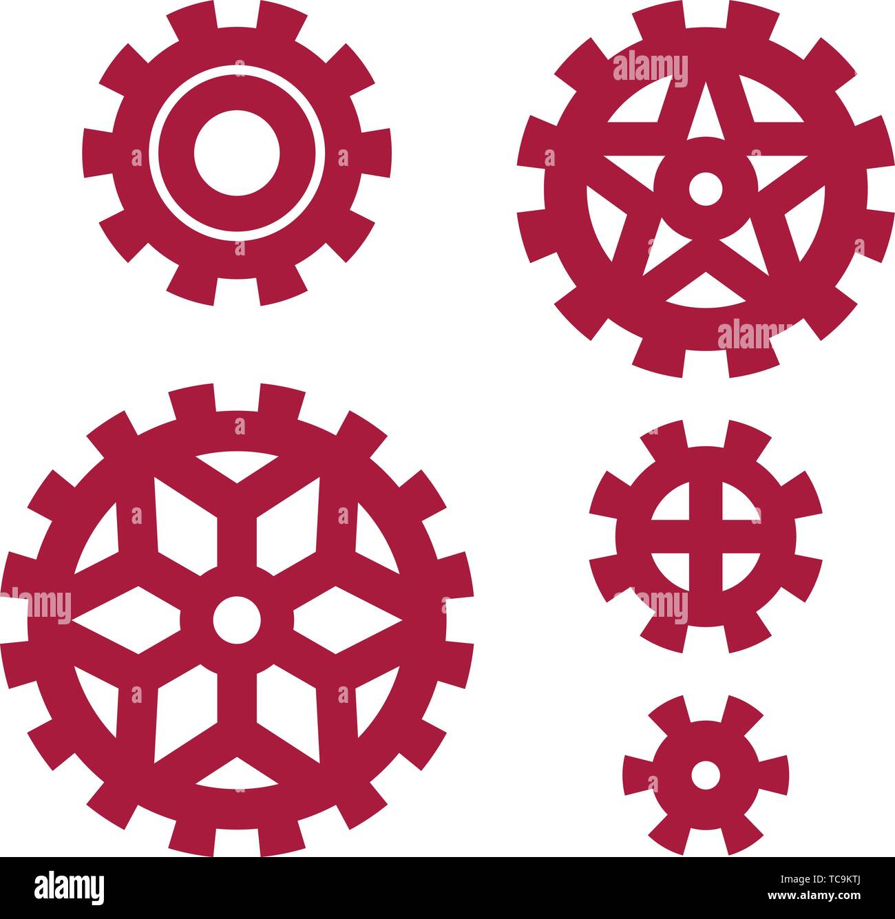 Vector illustration. Five plain or flat cogs or gears in red color. Stock Vector