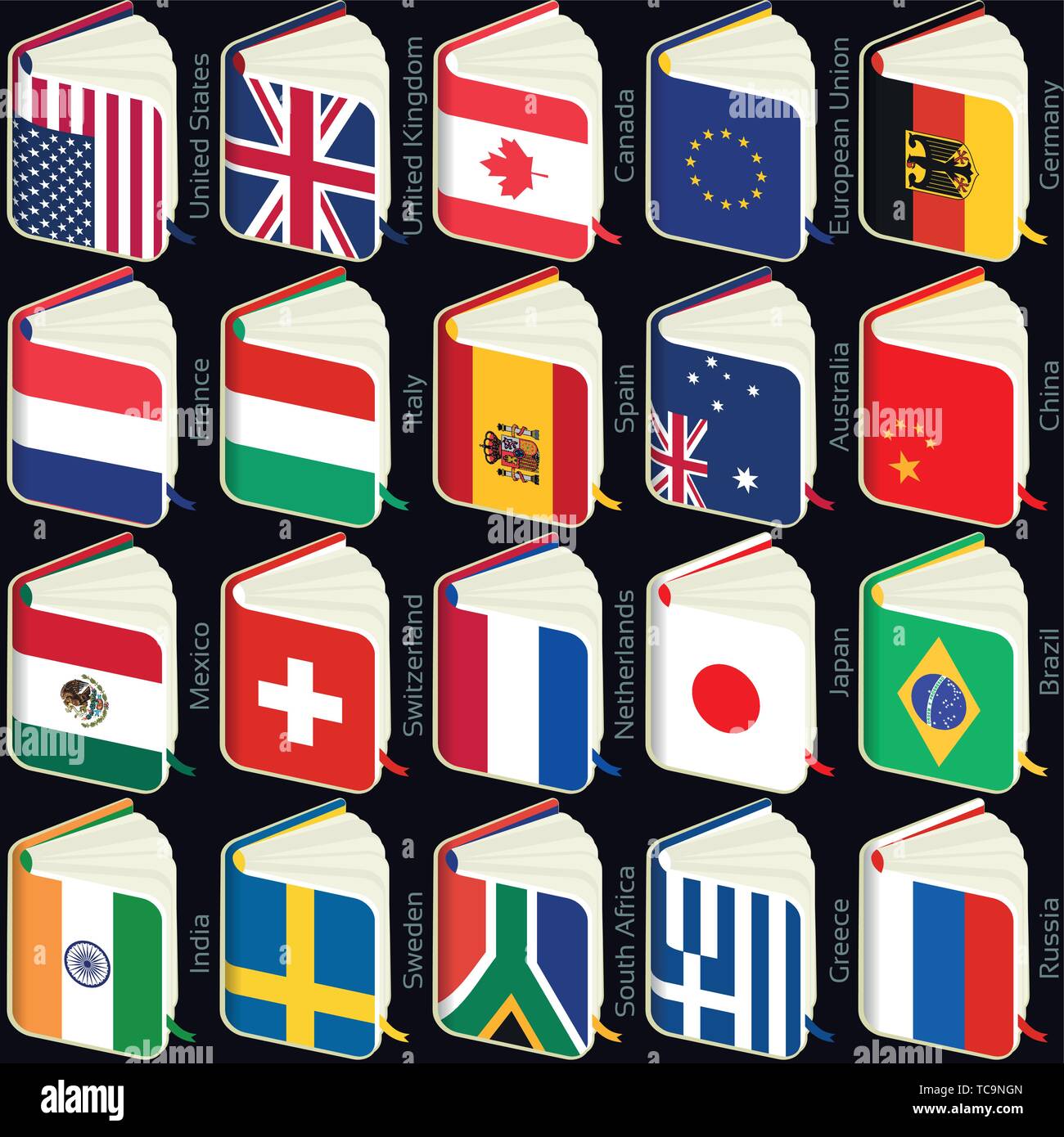 Book flags popular countries. Vector illustration. Collection of 220 world flags. Accurate colors. Easy changes. Stock Vector