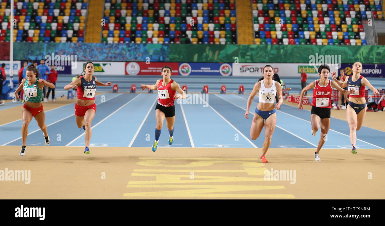 ISTANBUL, TURKEY - FEBRUARY 16, 2019: Athletes running 60 metres during ...