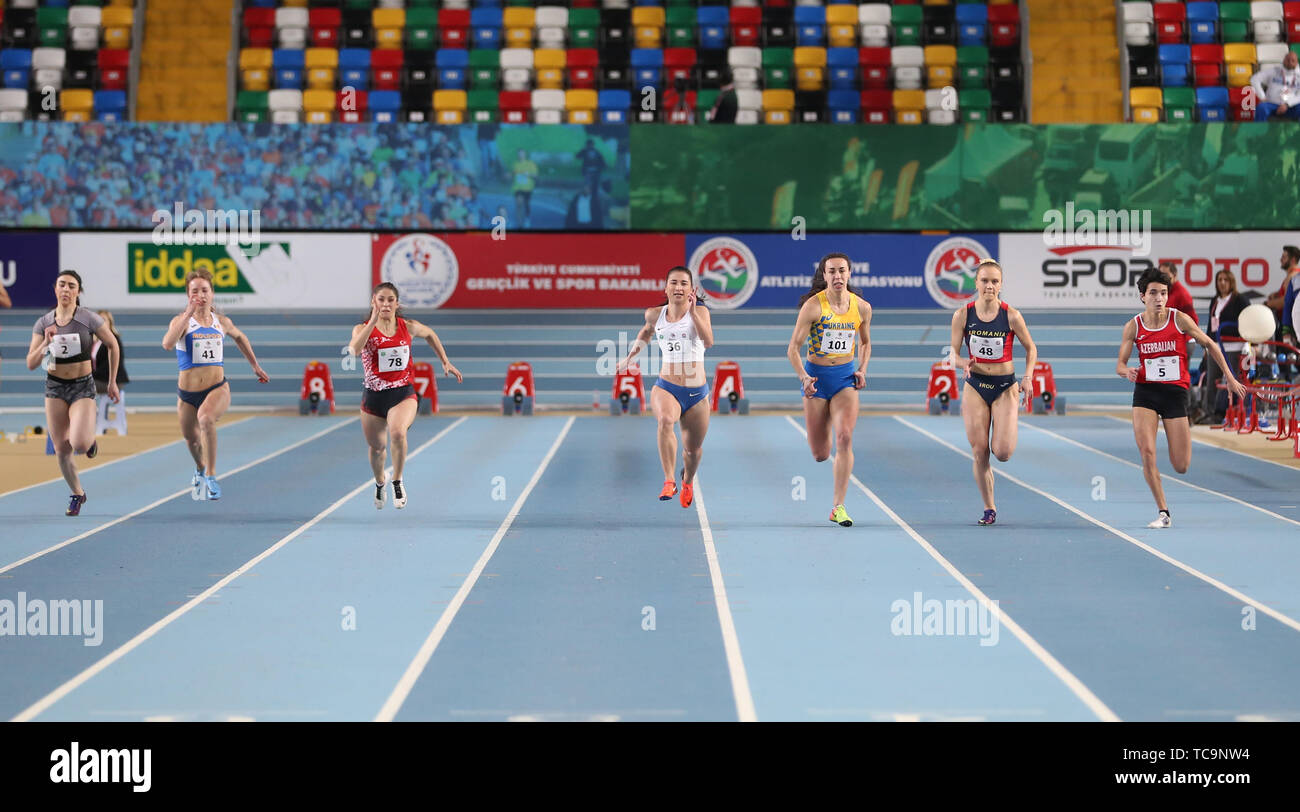 ISTANBUL, TURKEY - FEBRUARY 16, 2019: Athletes running 60 metres during ...