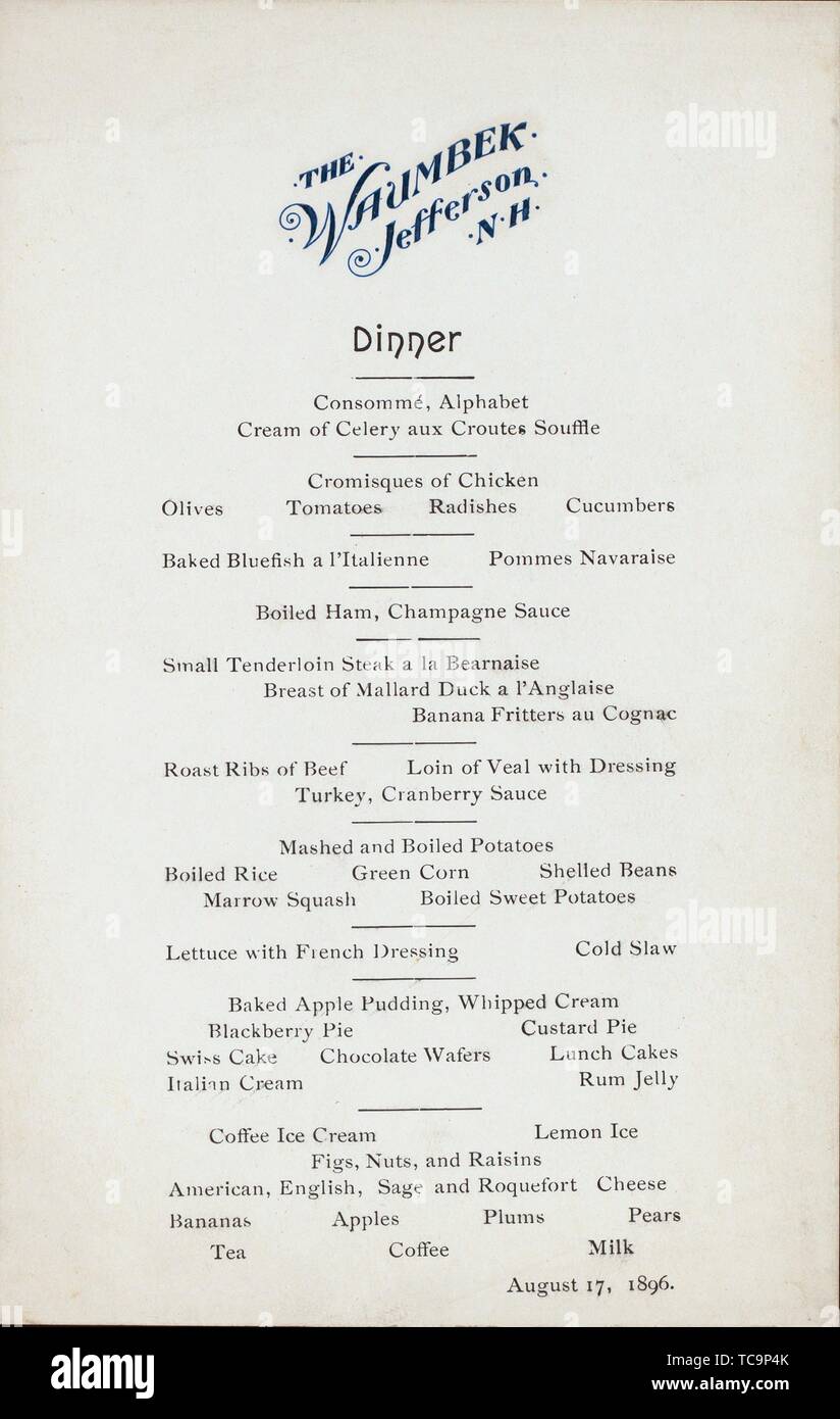 DINNER MENU [held by] WAUMBEK [at] ""JEFFERSON, NH"" ([HOT