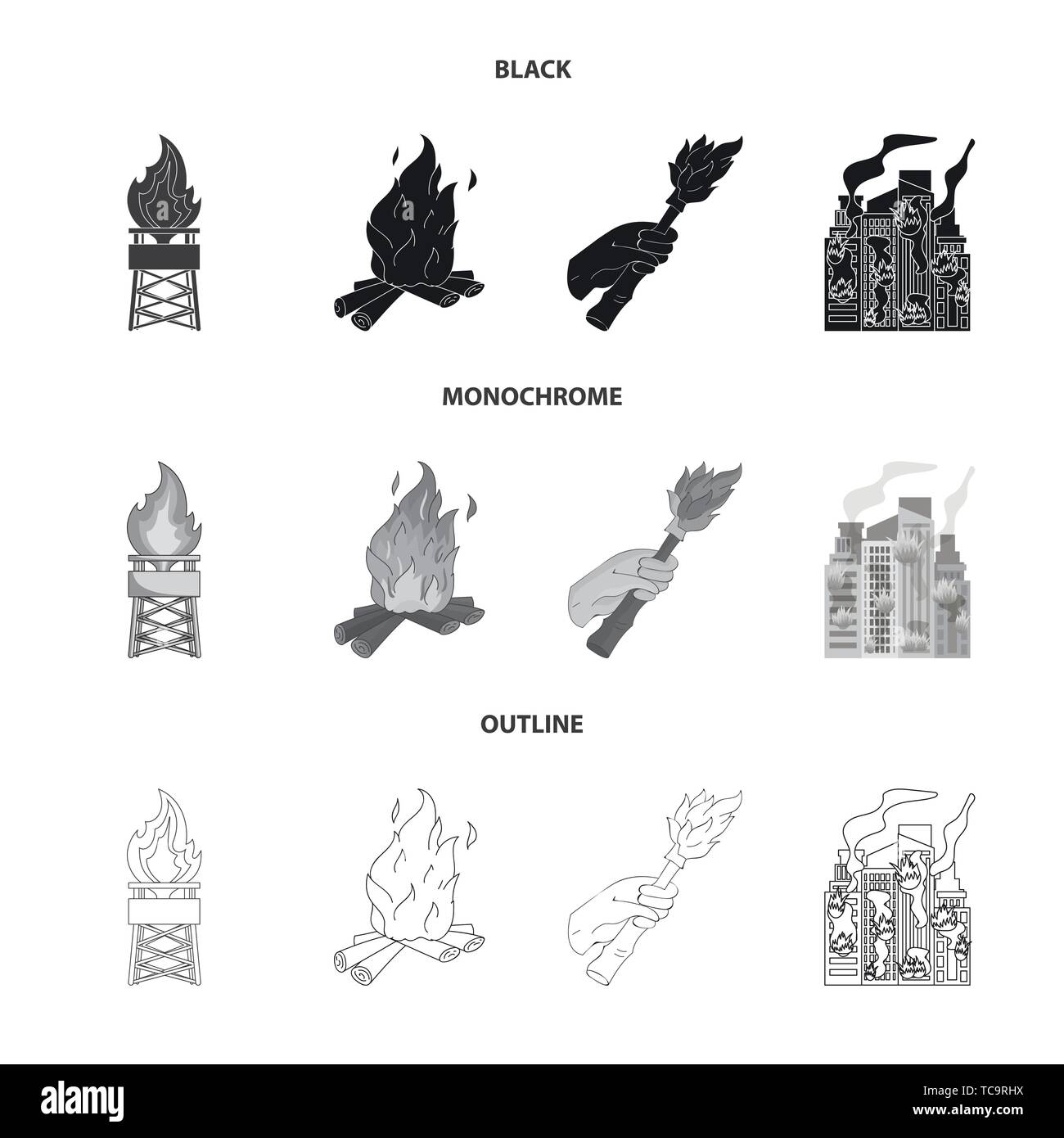 Vector illustration of fire and flame symbol. Set of fire and fireball