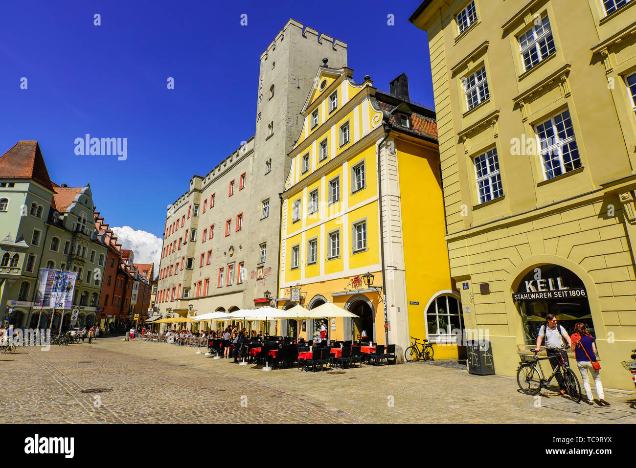Picturesque Haidplatz square, old town of Regensburg,  Upper Palatinate, Bavaria, Germany. Stock Photo