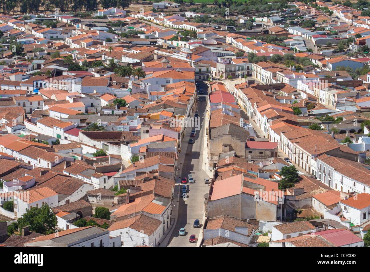 Alconchel aerial view of village, Spain. This town settled at extremaduran-portuguese boundary rural area called A Raia or Raya, Spain. Stock Photo