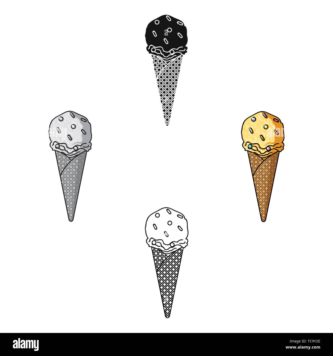 Ice cream in waffle cone icon in cartoon,black design isolated on white ...