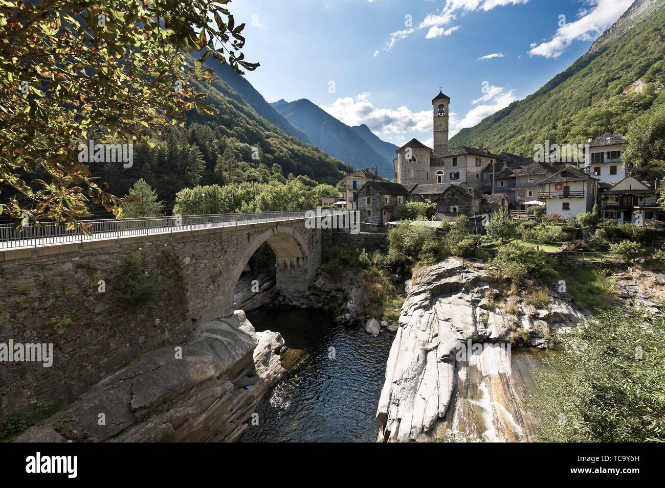 Lavertezzo is a Swiss commune in the canton of Ticino, located in the district of Locarno, district of Verzasca. Switzerland. Stock Photo