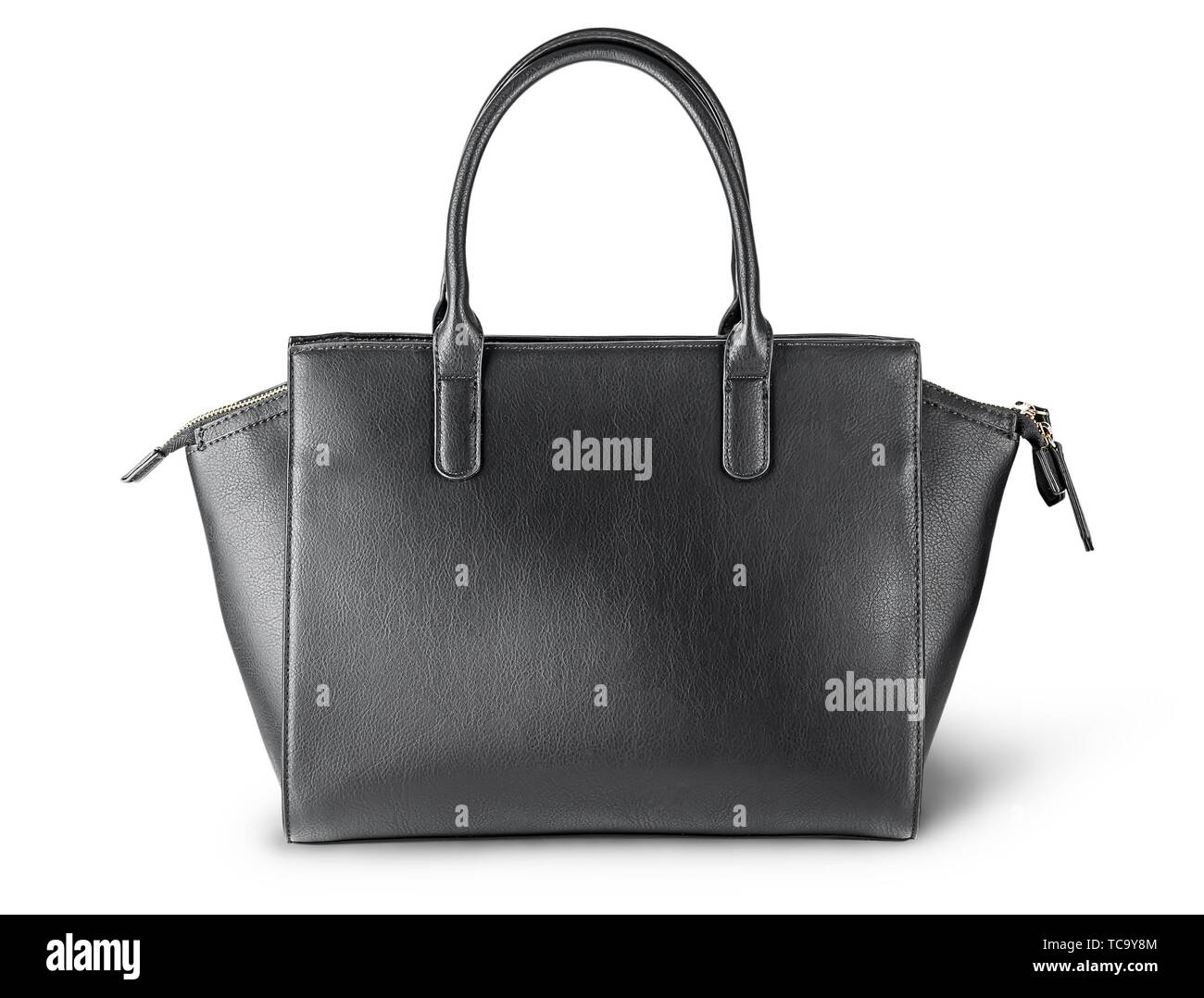 Ladies black leather bag back view isolated on white background Stock