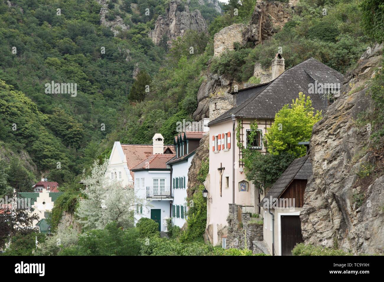 Durnstein Town on the River Danube in Wachau Valley Region in Austria. Stock Photo