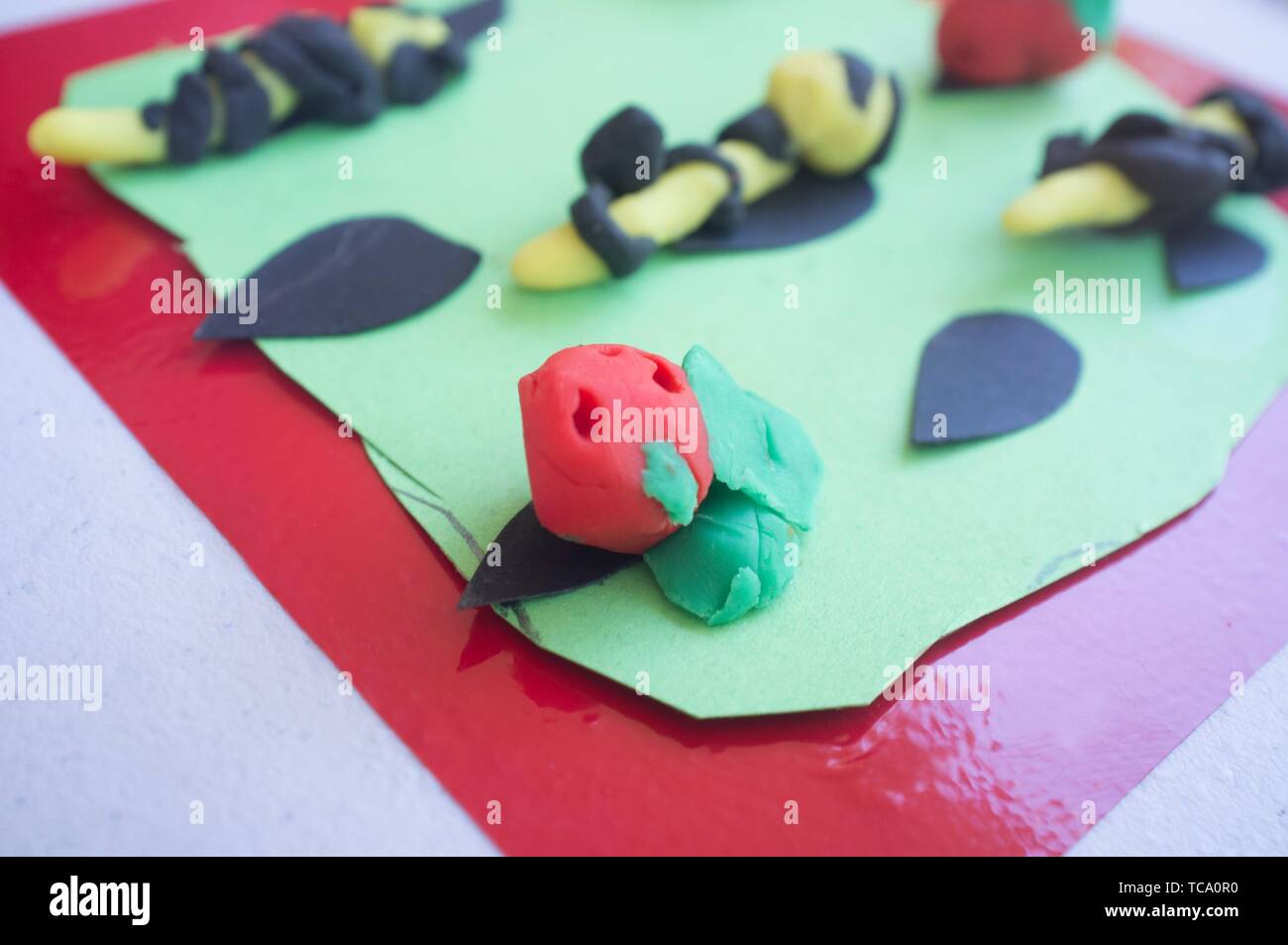 Little animals made with playdough and EVA foam. Manual arts workshop for children. Stock Photo