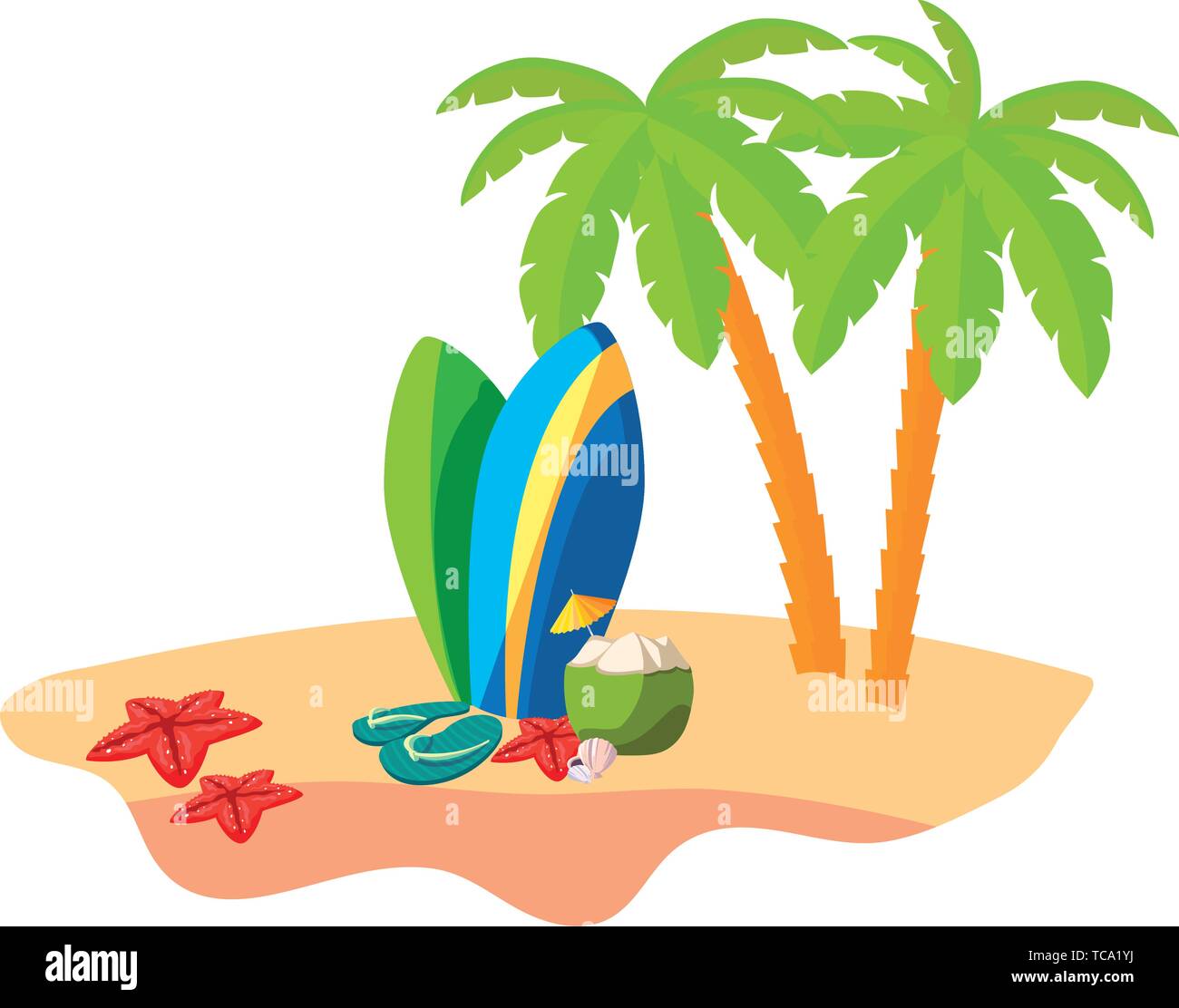 summer beach scene with tree palms and surfboards vector illustration ...