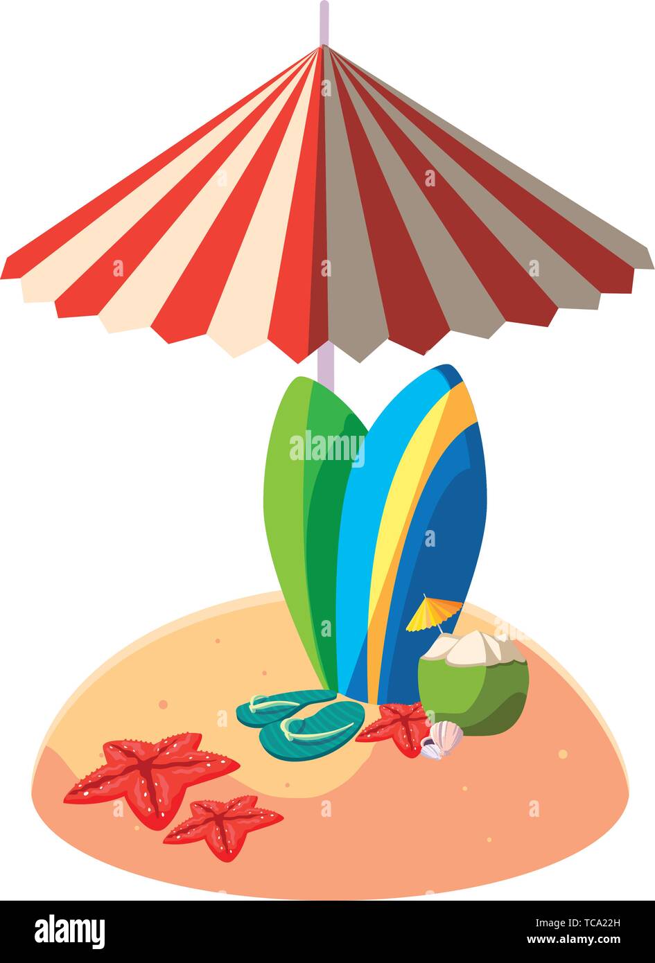 summer sand beach with umbrella and surfboards vector illustration ...