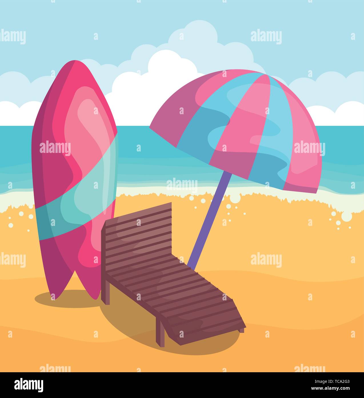 summer beach scene with chair and surfboard vector illustration design ...