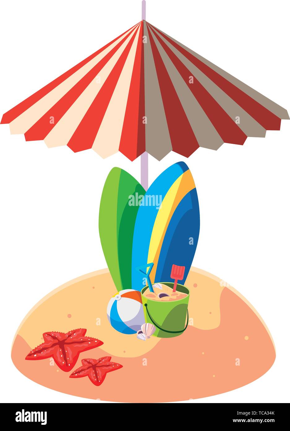 summer sand beach with umbrella and surfboards vector illustration ...